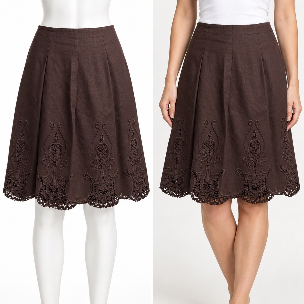 Vintage Talbots Skirt Womens 12P Brown Linen Cotton Embroidered Scalloped Hem